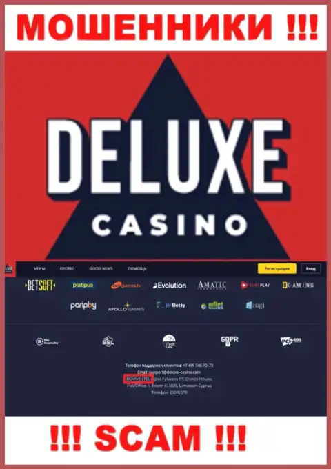 Данные о юридическом лице Deluxe Casino на их официальном web-сервисе имеются - это BOVIVE LTD