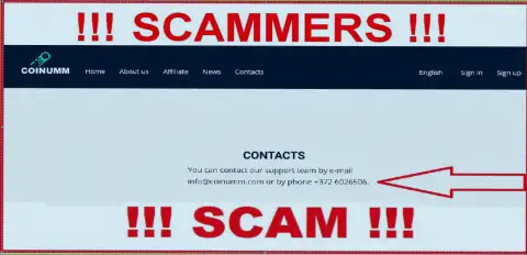 Coinumm phone number listed on the scammers website