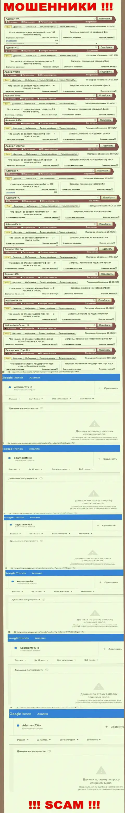 Онлайн-запросы по бренду мошенников Адамант Эф Икс в поисковиках всемирной паутины