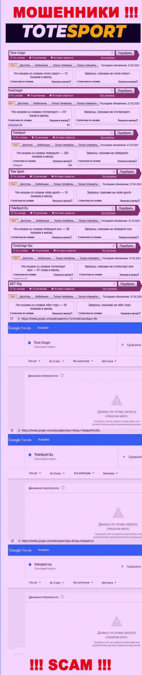 Статистические данные об online запросах по бренду internet-обманщиков ToteSport Eu