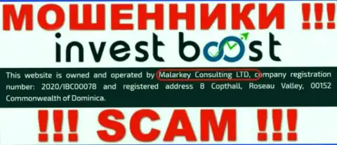 На официальном сайте Инвест Буст Ко написано, что этой организацией владеет Malarkey Consulting LTD