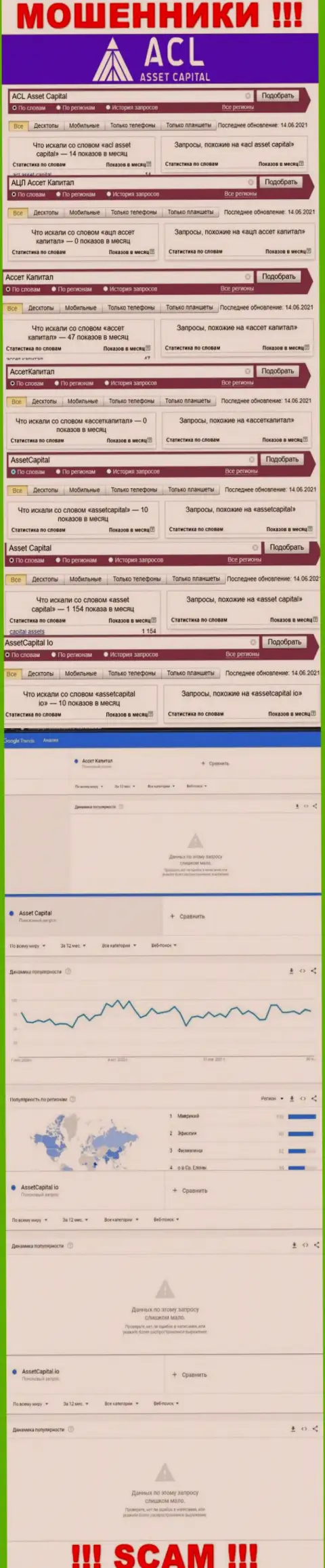 Статистические сведения числа запросов в интернет сети по мошенникам Asset Capital