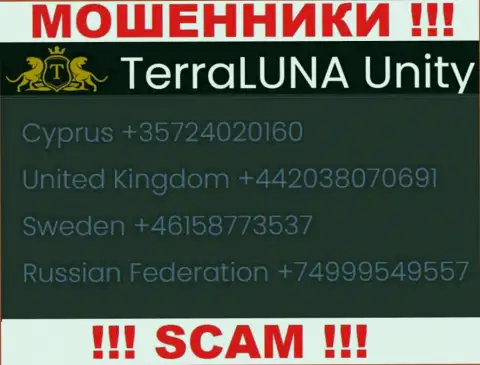 Звонок от мошенников TerraLuna Unity можно ожидать с любого номера телефона, их у них немало