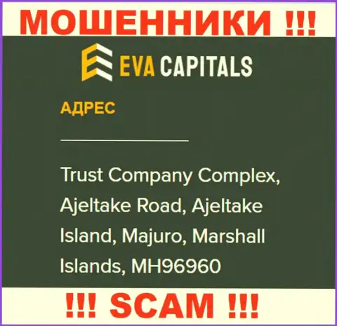 На веб-сайте Eva Capitals предложен офшорный адрес конторы - Trust Company Complex, Ajeltake Road, Ajeltake Island, Majuro, Marshall Islands, MH96960, будьте крайне осторожны - это шулера
