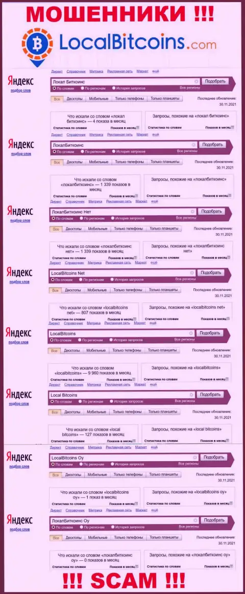 Детальный анализ числа онлайн-запросов в поисковиках сети internet по мошенникам ЛокалБиткоинс Нет