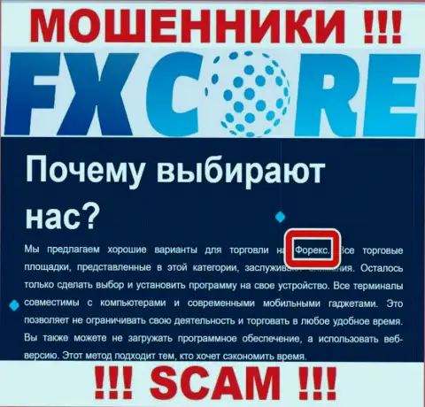 Взаимодействовать с FXCore Trade крайне опасно, т.к. их тип деятельности Форекс - разводняк