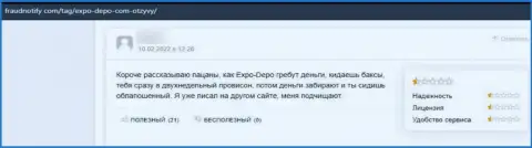 В предоставленном отзыве продемонстрирован очередной пример обувания реального клиента лохотронщиками Expo Depo