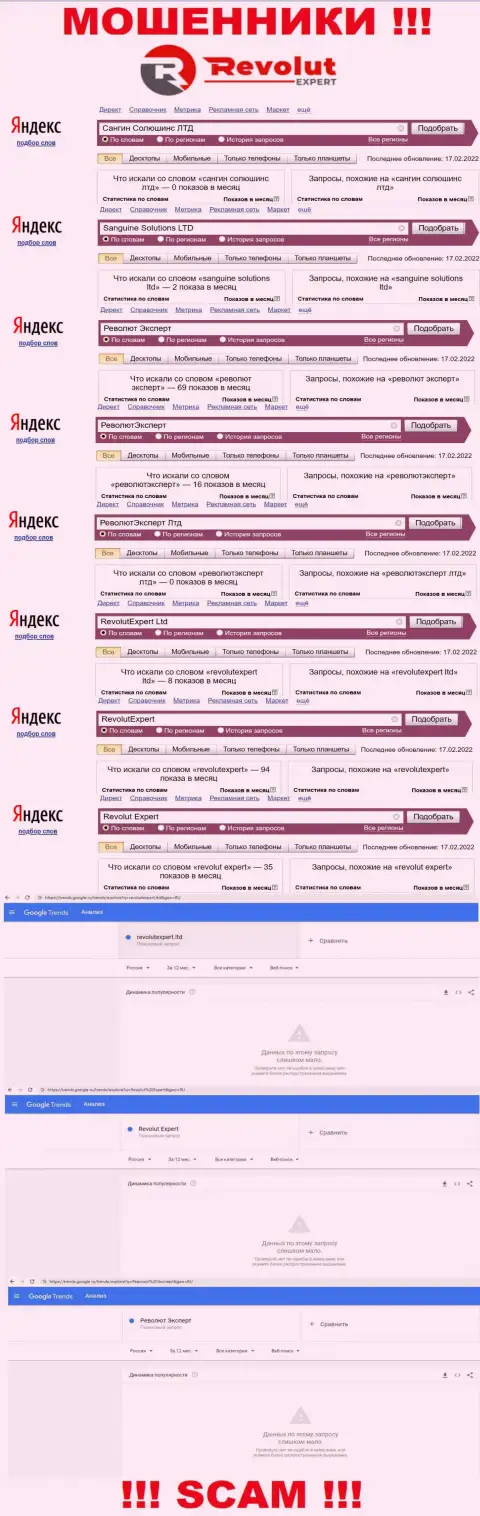 Статистические показатели о online запросах по бренду мошенников РеволютЭксперт