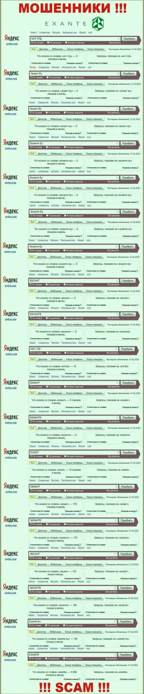 Число online запросов в поисковиках интернет сети по бренду обманщиков ЕКСАНТ