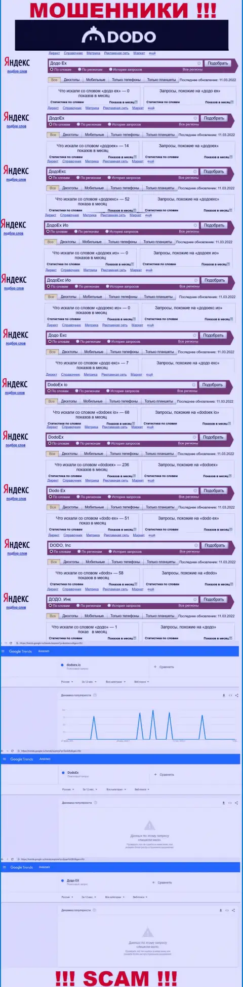 Статистические сведения online-запросов по лохотронщикам DodoEx в поисковиках сети