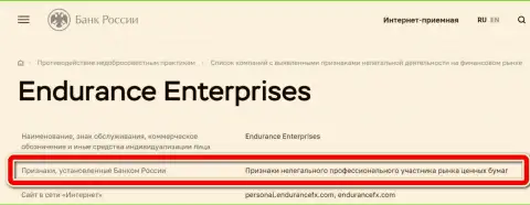 ЦБ РФ внес EnduranceFX в черный список компаний, как нелегального профессионального участника рынка ценных бумаг