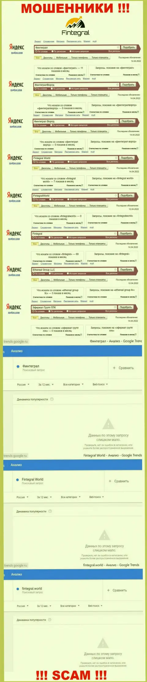 Статистические данные по брендовым поисковым запросам по мошенникам Финтеграл Ворлд во всемирной сети internet