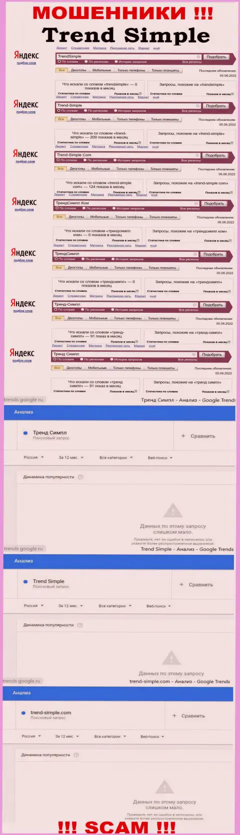 Показатели запросов по ворюгам Тренд-Симпл в глобальной сети internet