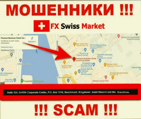 Компания FX-SwissMarket Com пишет на веб-сервисе, что находятся они в оффшорной зоне, по адресу Suite 305, Griffith Corporate Centre, P.O. Box 1510,Beachmont Kingstown, Saint Vincent and the Grenadines