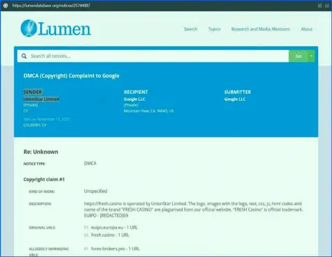 Жалоба на web-ресурс Форекс Брокерс Про, разместивший статью о мошенниках Fresh Casino