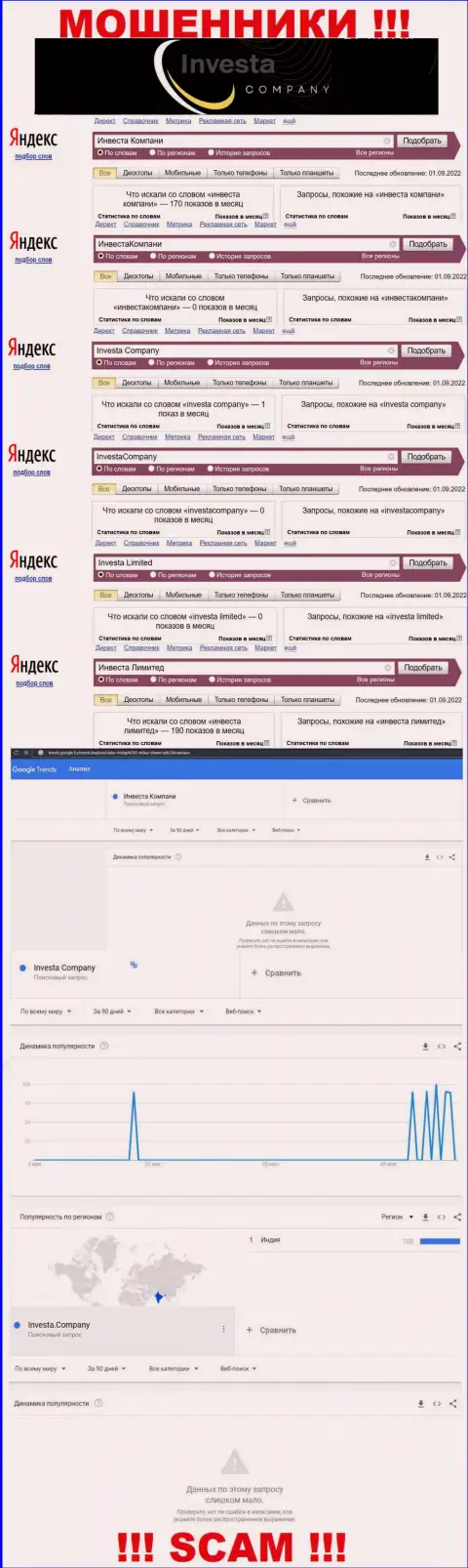 Статистика по брендовым поисковым запросам по мошенникам Инвеста Компани в инете