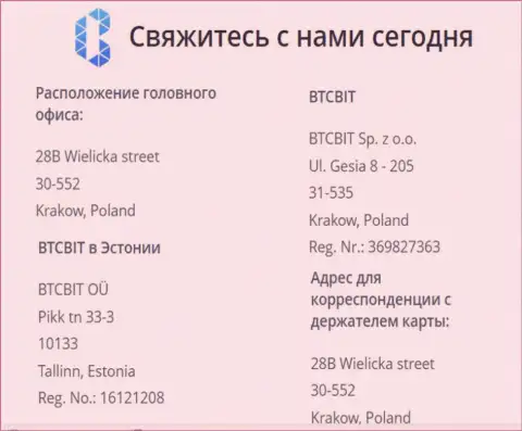 Официальный адрес компании BTCBit и расположение представительского офиса обменного онлайн пункта на территории Эстонии в Таллине