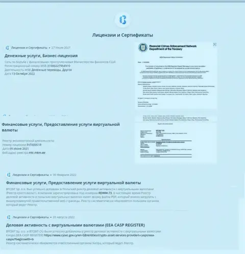 Лицензии и сертификаты интернет-обменки БТЦБИТ Сп. З.о.о.