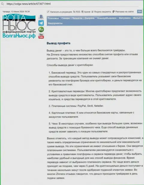 Информационная публикация о возврате введенных денег в брокерской организации Zinnera Com, взятая нами с веб-ресурса волга ньюс