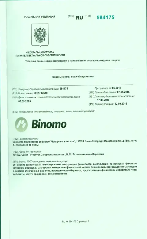 Описание товарного знака Binomo в РФ и его владелец