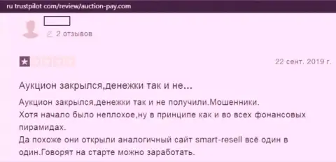 Создатель этого отзыва уличил Смарт Реселл в связи с махинаторами Аукцион Пэй