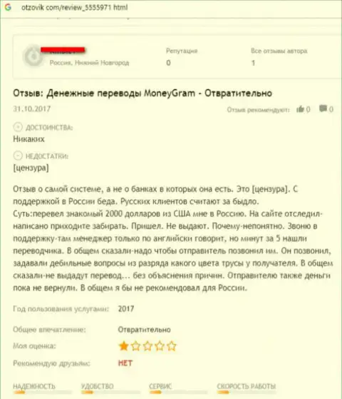 Не пользуйтесь обманными услугами лохотронной компании MoneyGram - вытягивают финансовые активы (претензия)